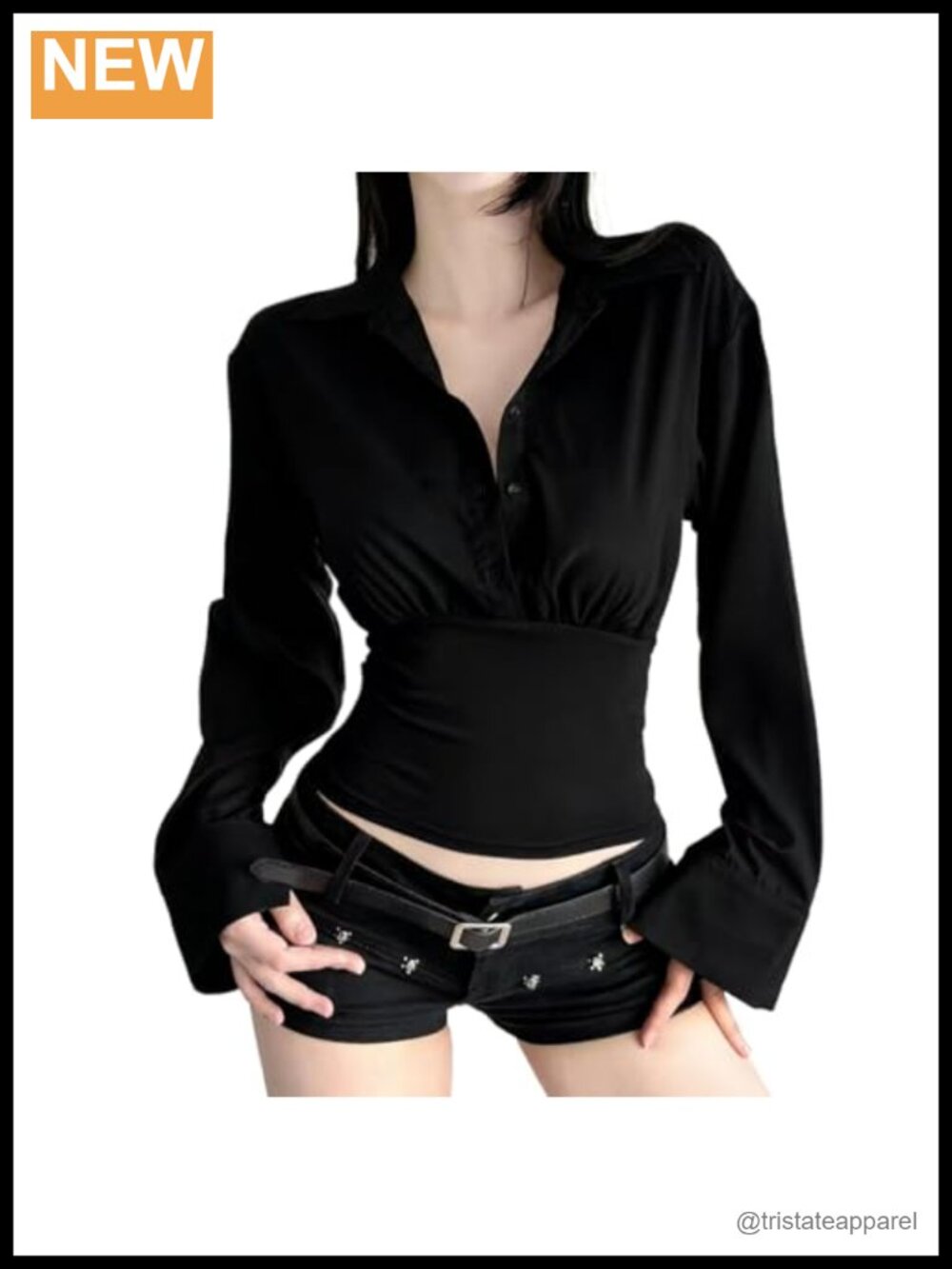 Women's Crop Button-Down Blouse Long Sleeve Cinched Waist Going Out Top